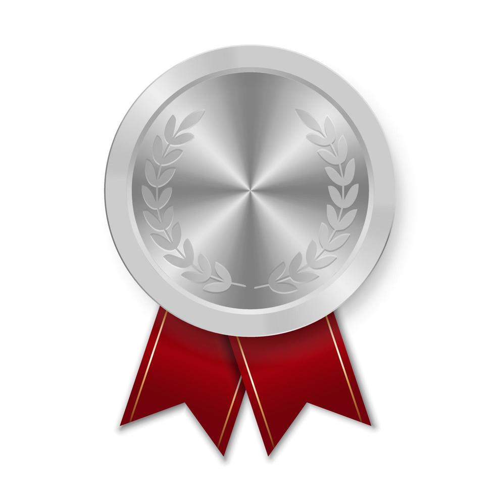 Silver Award Sport Medal For Winners With Red Ribbon Vector